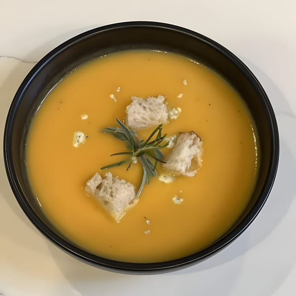 A black bowl of vibrant orange soup, garnished with croutons and a sprig of rosemary.